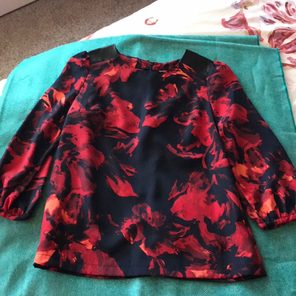 Red and navy floral blouse
